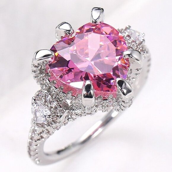 😍Pink Heart CZ Anillos Shiny Diamonds Silver Plated Heart Ring for Women, L117 - Picture 1 of 7